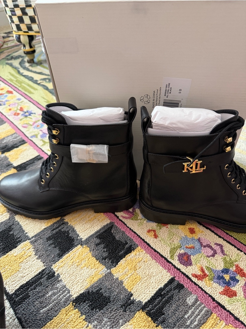 Lauren Ralph Lauren Black Leather Lace-Up Combat Boots with Gold KL Accent